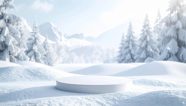 A snowy winter scene with a simple white platform as a focal