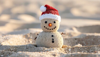 Festive Fun Sandy snowman on a Beach with Santa Hat, Tropical Christmas