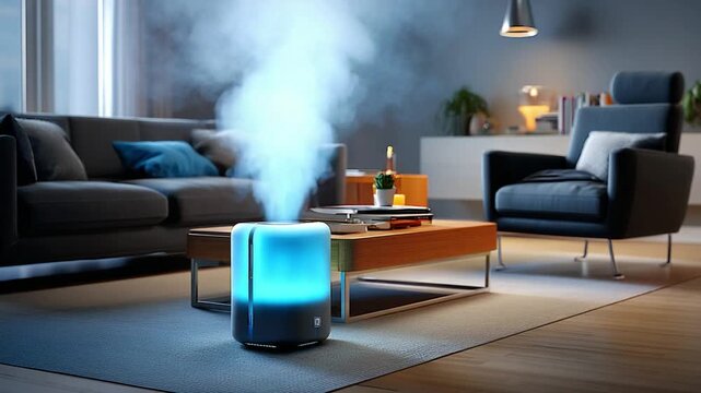 Air Purifier: a cool, stylish purifier sits in the living room emitting a soothing vapor, promoting a sense of serenity and cleanliness.