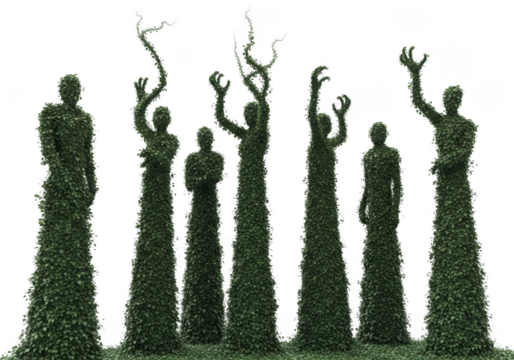 A group of seven figures made of green foliage, standing in a row against a transparent background, with some figures reaching their arms up
