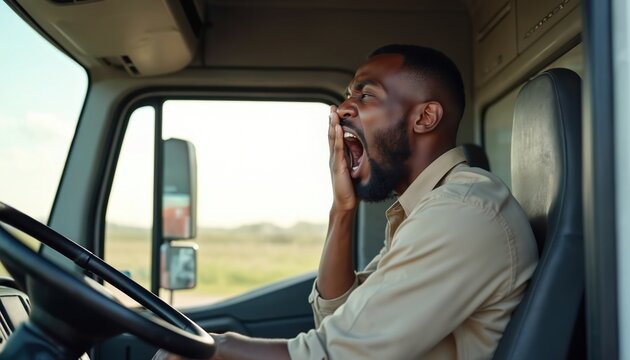 Tired truck driver yawns driving. Black man behind wheel expresses fatigue. Overworked driver struggles with sleepiness during long haul. Exhaustion impacts road safety. Transportation industry faces