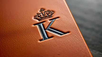 A close-up of a leather-bound book with an embossed letter "K" and a crown above it, featuring a textured, aged appearance and visible stitching at the corners.