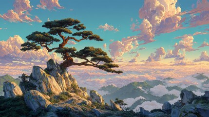 Pine Tree Serenity: A majestic pine tree, perched atop rugged cliffs, commands a breathtaking vista of rolling mountain ranges under a sky filled with dramatic clouds.