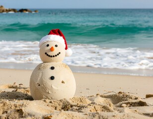 Sandy snowman at the beach, wearing a Santa hat, enjoying a sunny day, with a smiling face