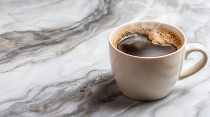 Steaming Cup of Coffee on Marble Table Warm Drink Morning Beverage Comfort Still Life Aroma Cup Mug Coffee Break Hot Drink Fresh Coffee Caffeine Marble Surface Relaxation Cozy Interior Home Decor
