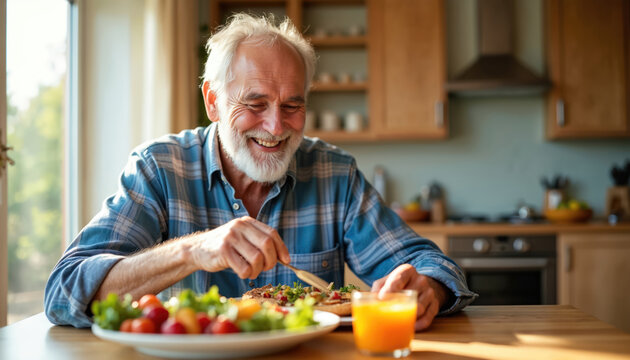 Elderly man eats healthy meal in a cozy kitchen, enjoying fresh salad and orange juice, smiling, happy, relaxed, wearing a plaid shirt, sitting at a wooden table near a window.