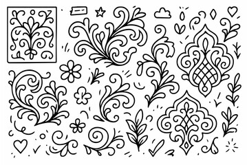 Hand-drawn doodle vector set of arabesque pattern doodles, created in a playful style, isolated on white background
