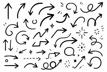Hand-drawn doodle vector set of arrows and directional elements created in a fun sketchy style, isolated on white background
