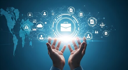 Innovative business solutions and global connection concept with hands reaching upwards