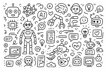 Hand-drawn doodle vector set of Artificial Intelligence and Robots elements created in a playful sketchy style, isolated on white background

