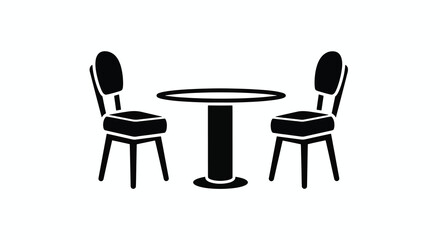 Simple Black and White Icon of a Round Table with Two Chairs.