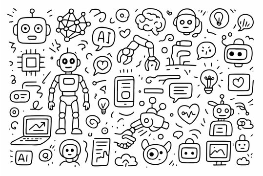 Hand-drawn doodle vector set of Artificial Intelligence and Robots elements created in a playful sketchy style, isolated on white background
