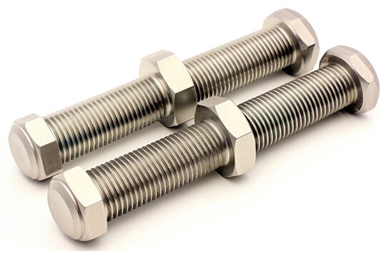 two stainless-steel hex-head bolts with large threads on white background, precision fastener concept for industrial engineering, construction, and product design projects