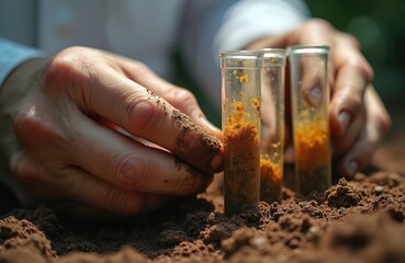 Close up photo shows scientist examining soil samples in test tubes. Hands hold glass tubes filled with earth. Agriculture environmental science research is in progress.