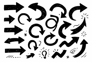 Hand-drawn doodle vector set of bold scribble arrows created in a fun sketchy style, isolated on white background
