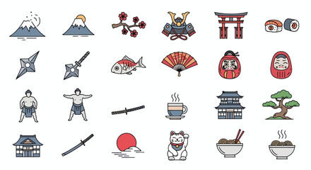 Collection of Japanese cultural icons and symbols in a grid layout.