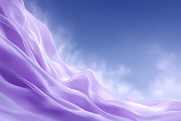 Serene Textile Cascade Against Sky: Swirling, billowing fabric in delicate purple hue dances gracefully against a vast canvas of a tranquil blue sky and soft cloud formations.