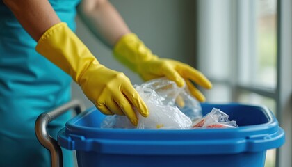 Female cleaner in yellow gloves throws plastic rubbish into blue bin on janitor cart. Woman performs housekeeping service in hotel, office hospital. Worker sorts rubbish, handles waste management,