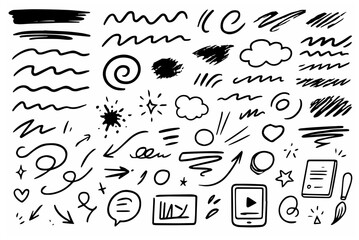 Hand-drawn doodle vector set of brush strokes created in a playful sketchy style, isolated on white background
