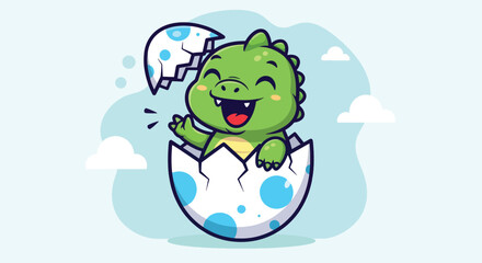 Cute baby dinosaur hatching from egg with happy expression.