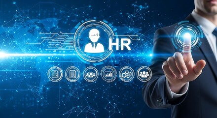 Businessman interacting with futuristic hr technology interface on a digital screen