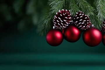 Holiday ornaments and Pine Cones: Festive decorations, with shiny red baubles and textured pine cones, nestled among fresh greenery, evoking the warmth and joy of the holiday season.