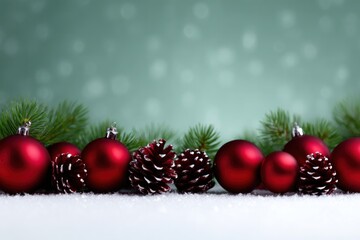 Crimson Holiday Cheer: Festive red ornaments, nestled beside pine cones and evergreen branches, create a joyful holiday display, all set against a soft, snow-dusted backdrop.