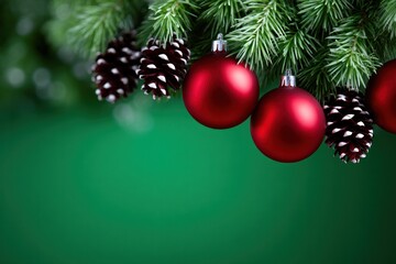 Festive Embellishments:  A close-up view presents a sprig of evergreen needles adorned with striking red ornaments and pine cones against a deep green backdrop.