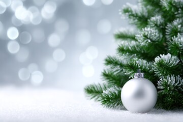 Festive Serenity: A delicate silver ornament rests beside a snow-dusted Christmas tree, evoking a serene winter ambiance. The blurry lights creates a backdrop for the festive scene.
