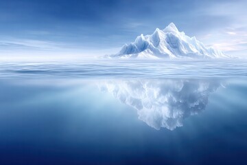 Iceberg Reflection in Serene Waters: A majestic iceberg towers over tranquil water, reflecting its icy form and the vast, cloud-filled sky above.
