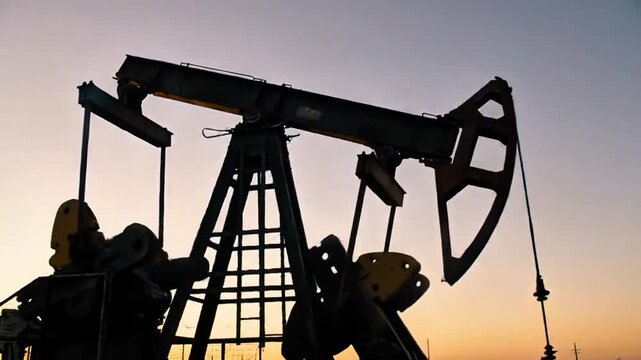 Oil mines with a nodding pump rig moving up and down.