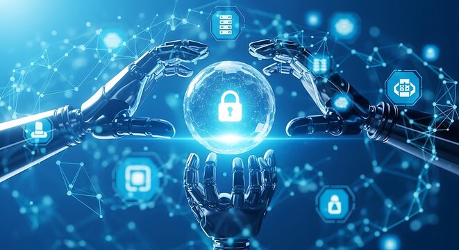 Robotic hands holding a glowing sphere with a digital lock and network connections