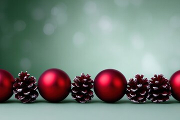 Festive Christmas Decoration: A row of shiny red ornaments and pine cones arranged on a green surface, sparkling against a soft background of holiday cheer.