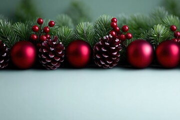 Festive Christmas Arrangement: A visually pleasing arrangement with pine needles, red ornaments, pine cones and berries, perfect for festive holiday designs.