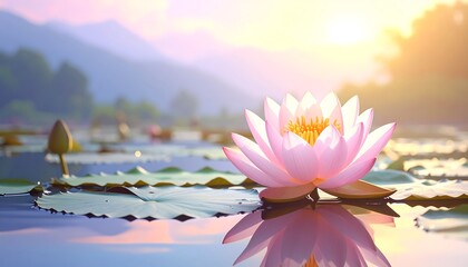 A serene image showcasing a vibrant pink water lily, floating amidst a reflective pond with a backdrop of mountains and a warm sunrise