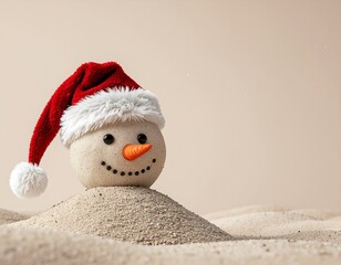 Festive Sandy snowman with Santa hat, whimsical holiday decor