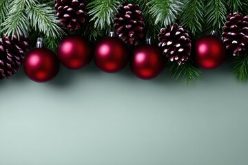 Christmas Ornament Arrangement: A festive display of vibrant red ornaments and textured pine cones nestles amidst verdant evergreen boughs, set against a calm backdrop.