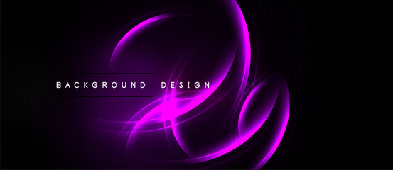 Abstract purple neon lines over black background. Elegant curves create dynamic visual effect. Modern design element for projects.