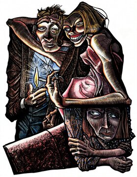 Jealous woman as sexy woman at party flirts with her boyfriend or husband