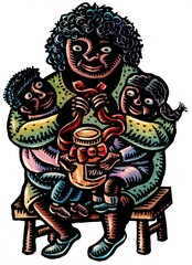 black woman wraps jar in red ribbon for a gift with her two children on her lap