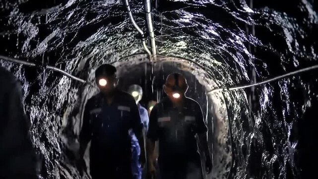 Silver mine workers enter the underground mine passage.
