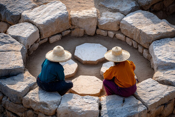 Two People Wearing Straw Hats Sitting Within a Stone Structure in Bright Sunlight