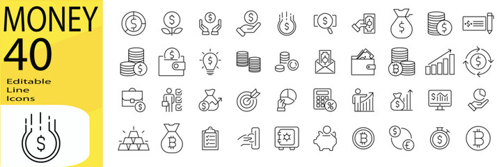 Money icon set. Editable stroke.