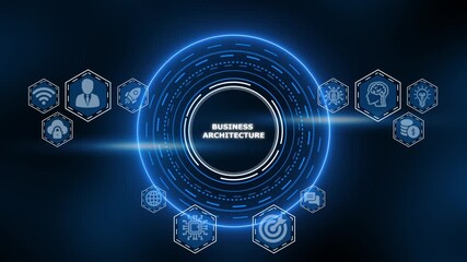 Business Architecture Concept with Digital Network and Icons on Dark Blue Background organizational structure