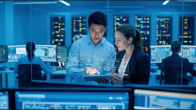 Tech Professionals Analyzing Data on Holographic Screen - Powered by Adobe