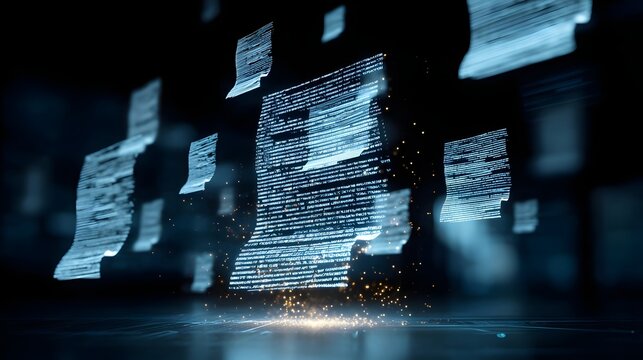 Futuristic technology extracting digital data from documents. Concept: Data extraction technology, digital transformation, document scanning, information processing, holographic data interface, modern