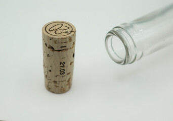 Natural wine cork made from the bark of the cork oak. White bottle neck. Minimalism. 