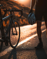 Cyclist with helmet holding bike by road