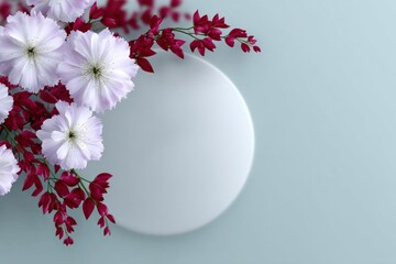 Floral Elegance: Delicate blossoms and vibrant foliage frame a soft, minimalist circle. The gentle pastel hues create a sense of serenity and refined beauty, perfect for design or background usage.