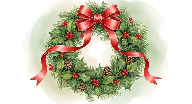 A christmas wreath with a red bow pine cones and holly berries on a white and green background art work